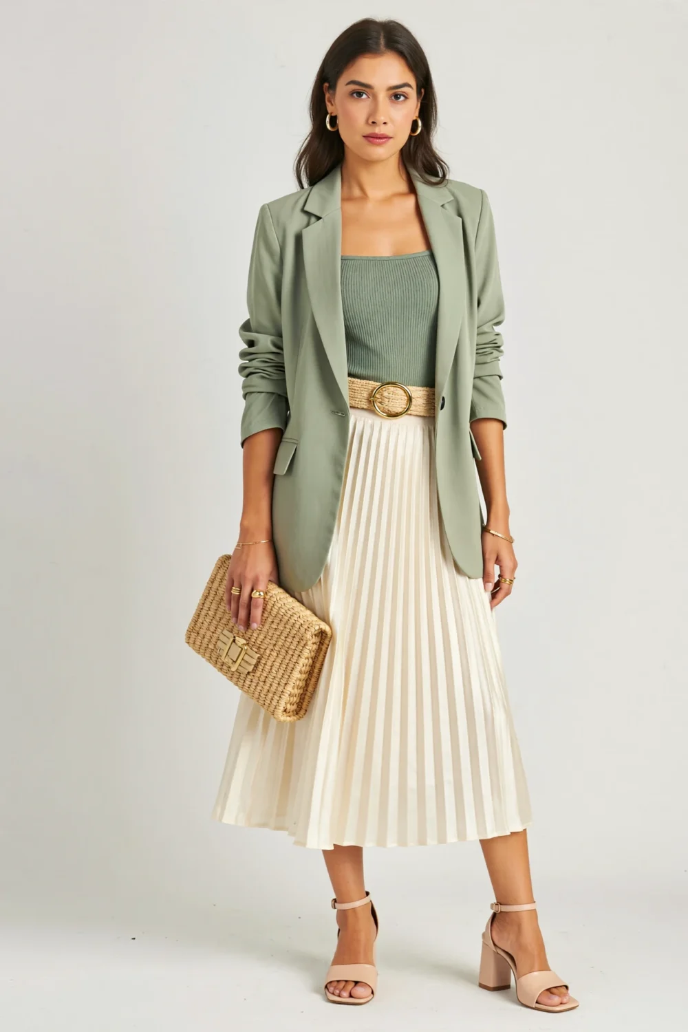Sage blazer over ribbed knit bodysuit and cream pleated midi skirt with raffia clutch, blending airy tailoring and warm texture