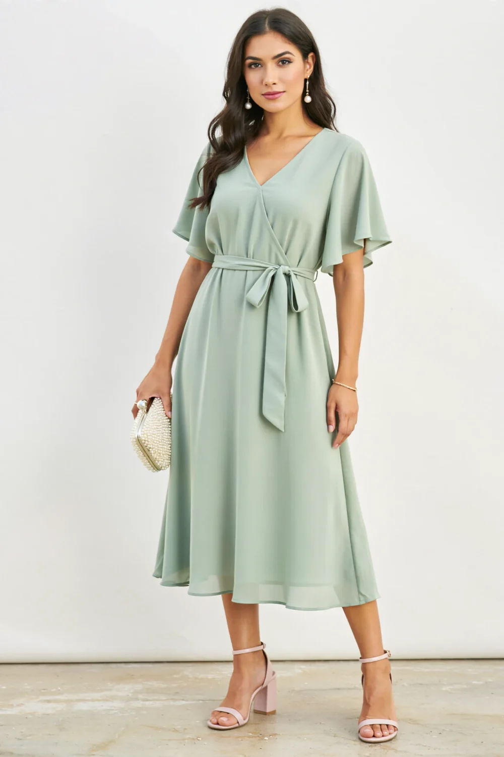 Model in sage green midi dress with flutter sleeves, V-neckline, self-tie belt and pearl clutch for elegant garden soirée style