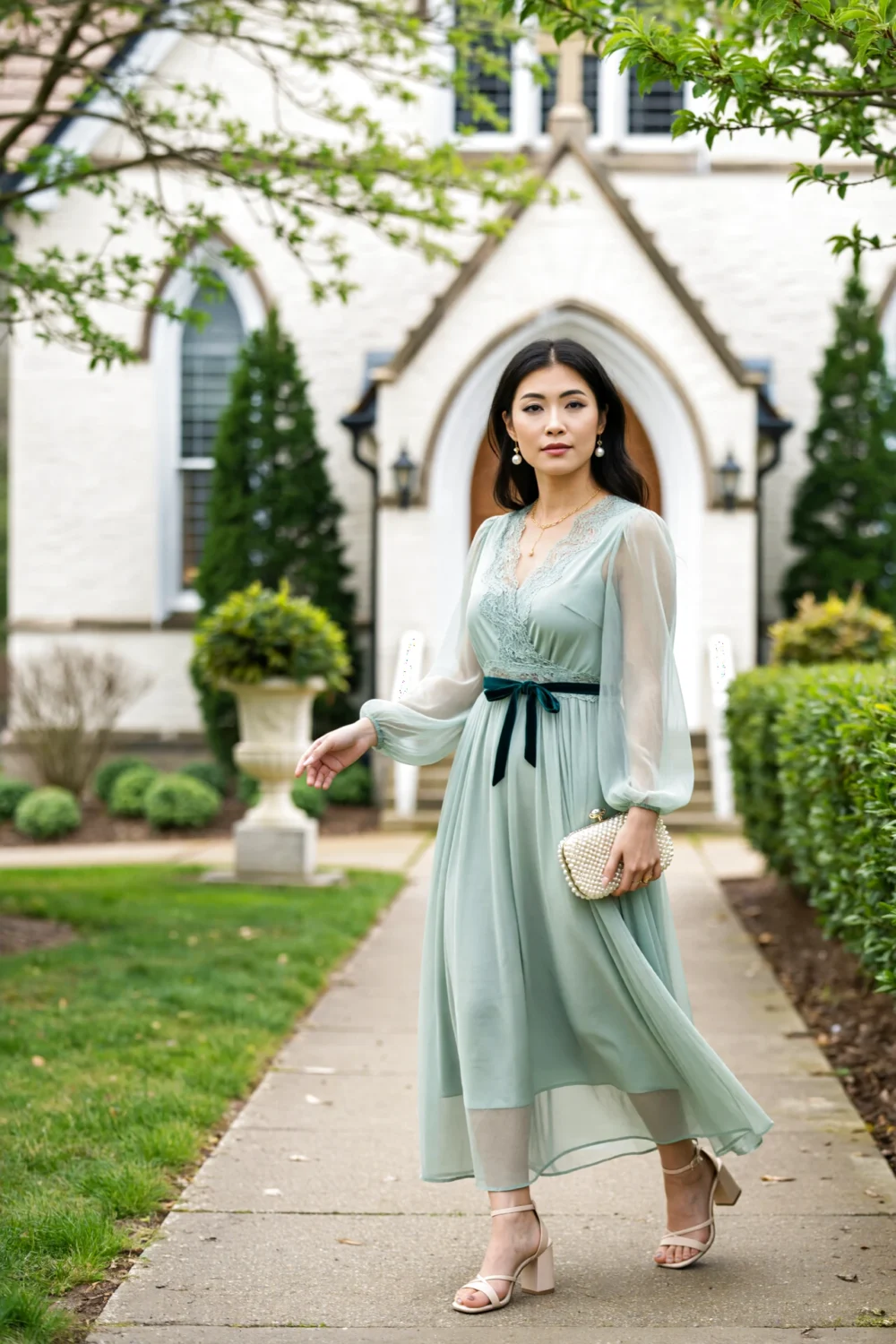 Woman in seafoam-sage chiffon dress with lace V neckline, dreamy bishop sleeves, empire waist and velvet ribbon belt, pearl clutch