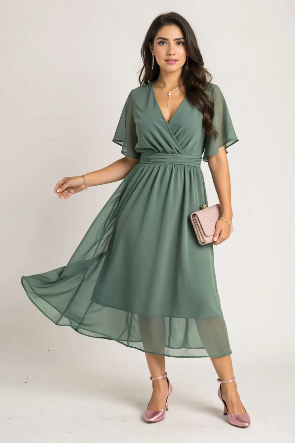 Woman in floaty sage green midi dress with blush dusty rose pumps, soft romantic styling and delicate jewelry on a light studio backdrop