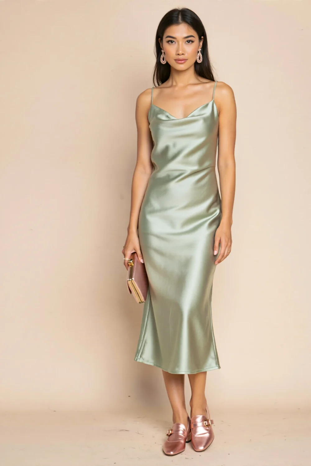 Model in sage satin dress with rose gold satin shoes and clutch, creating a modern romantic look with subtle shine for celebrations.