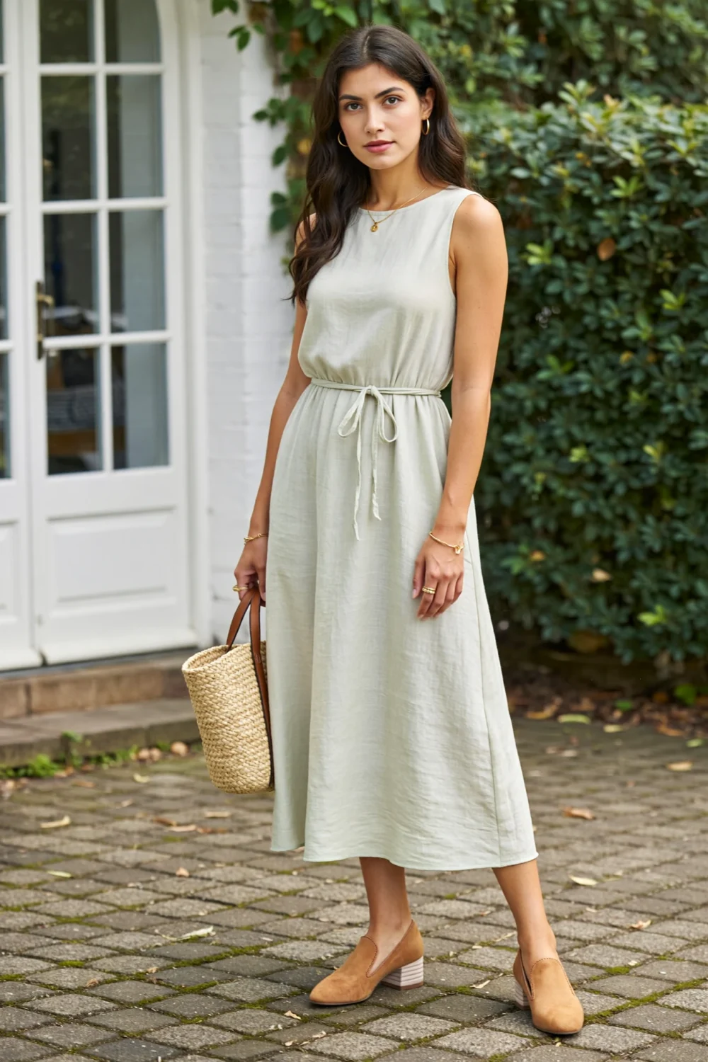 Woman in a sage green dress with tan suede shoes, carrying a woven bag, styled for an effortless romantic neutral look