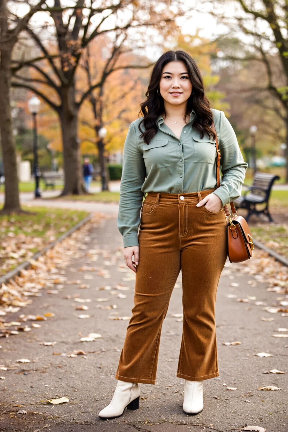 Woman wearing sage shirt with toffee corduroy pants, cream ankle boots, and cognac bag in an autumn park, slightly tucked fit