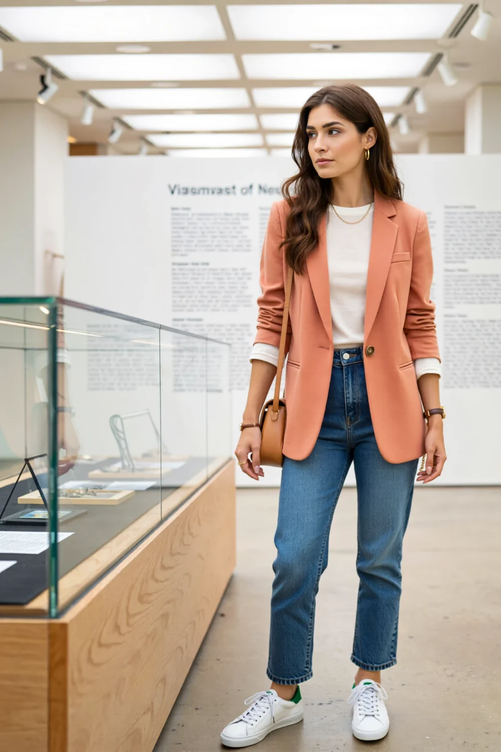 Woman in salmon blazer, white tee and straight-leg jeans with sneakers, styled for a relaxed, city-ready smart-casual look