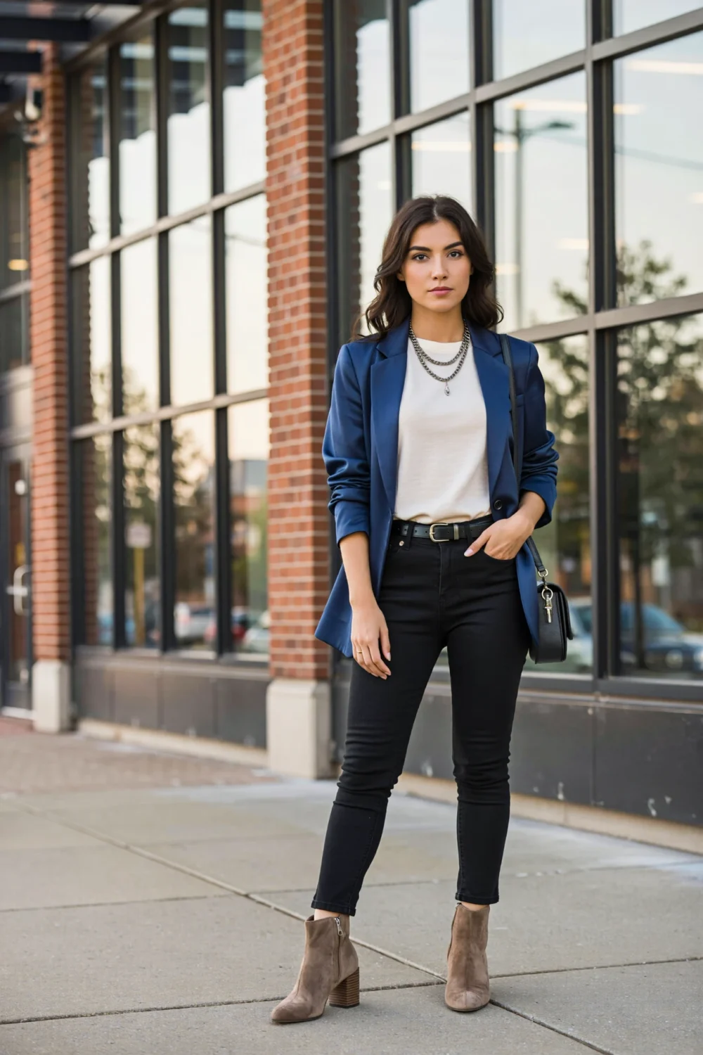 Woman in a sapphire blazer, ivory tee, black skinny jeans, and suede ankle boots, styling polished business casual streetwear outdoors