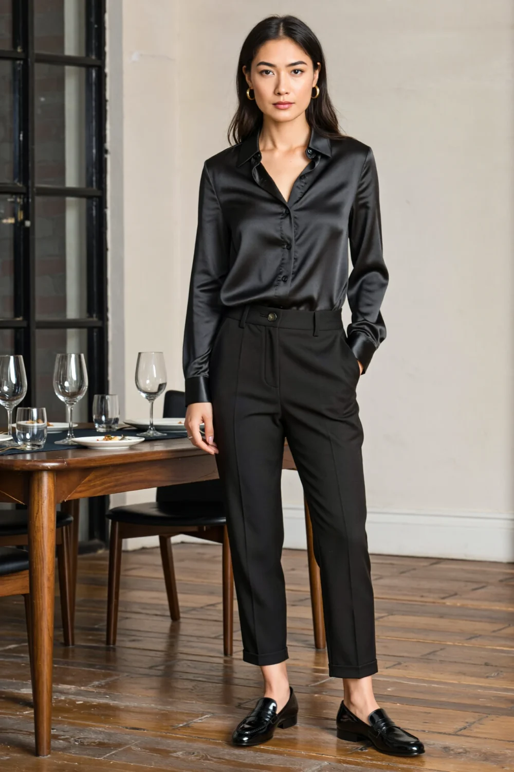 Woman in a black satin blouse with tailored trousers and sleek loafers, styled for a polished, versatile dinner-to-day look