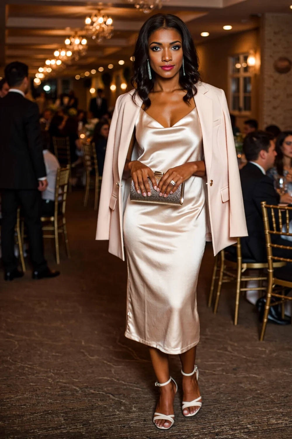 Woman in a satin midi cocktail dress with blush blazer draped, metallic clutch, strappy heels and a single statement earring