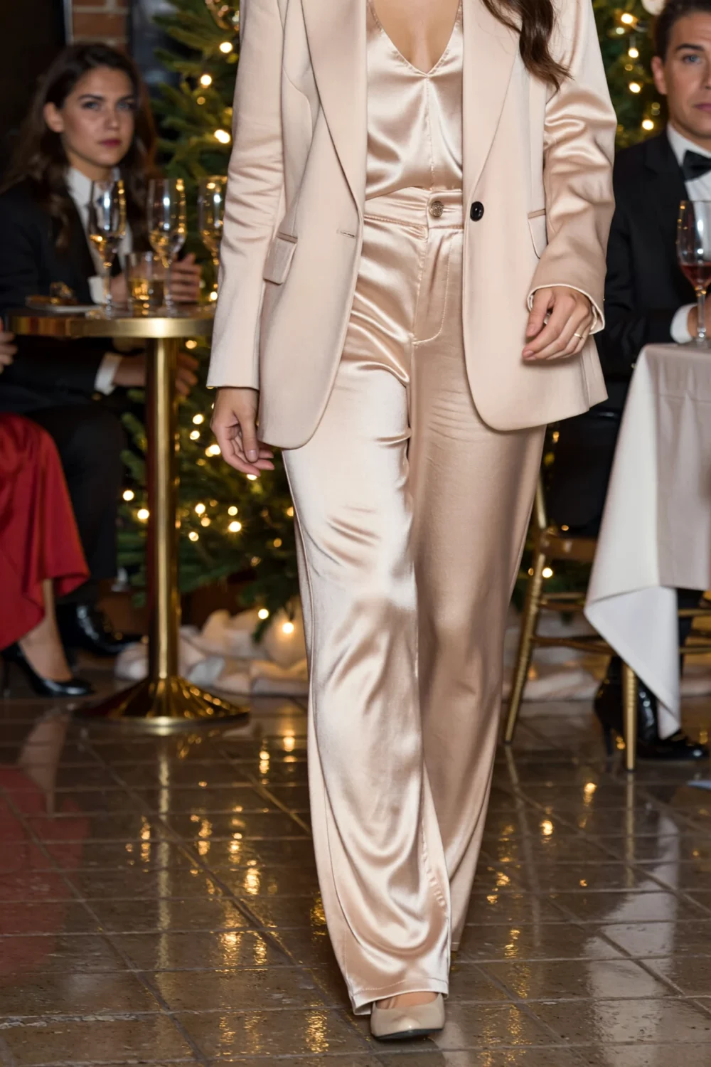 Woman in tailored champagne satin pants and matching blazer, silky sheen catching lights at a subtle work-appropriate gala event.
