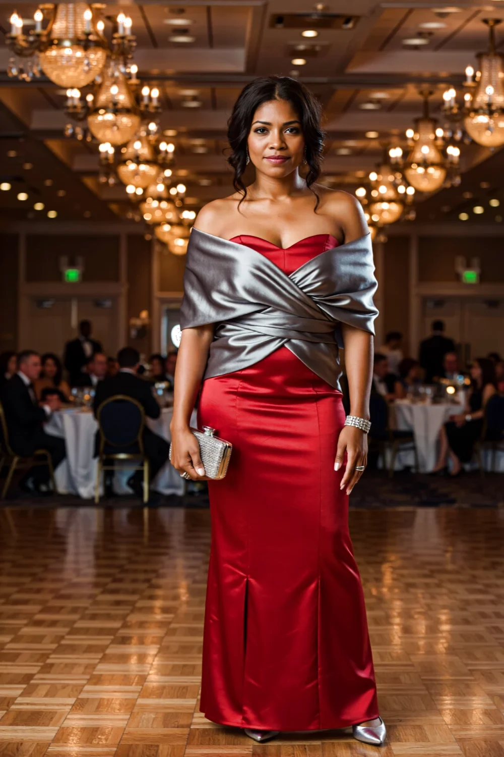 Woman in a red strapless gown wearing a glossy silver satin shrug draped over her shoulders, holding a clutch under chandeliers