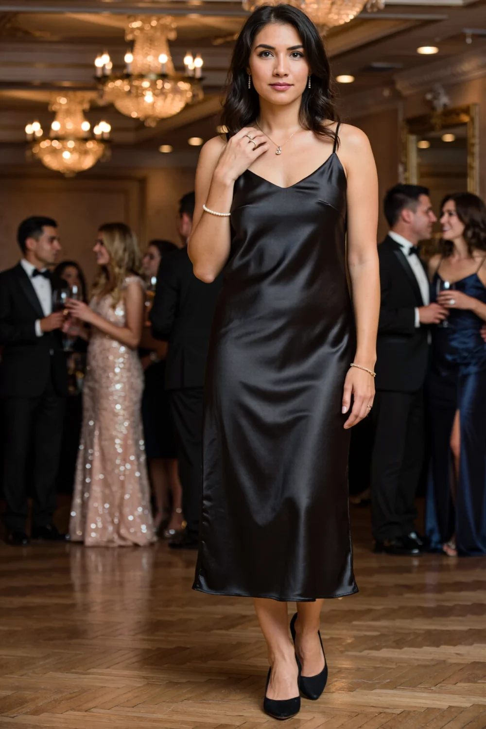 Woman in a black satin slip dress with sleek lines and minimal jewelry at a chandelier-lit black-tie optional event, subtle glow
