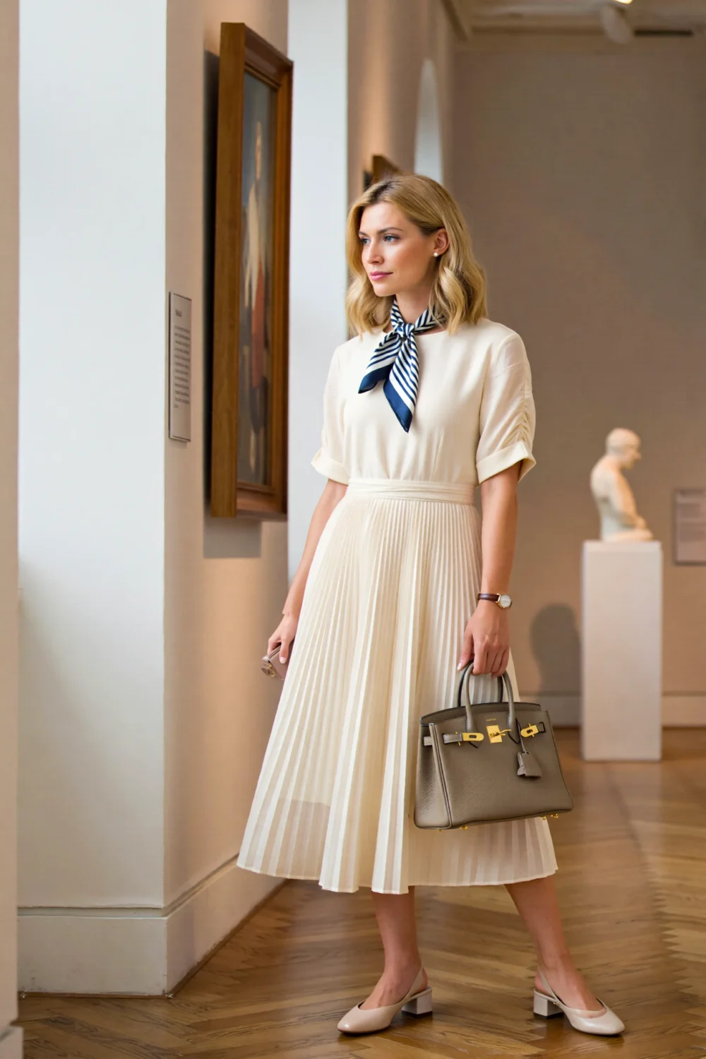 Ivory midi dress with navy striped neck scarf, taupe top-handle bag and nude slingbacks in a chic museum gallery scene