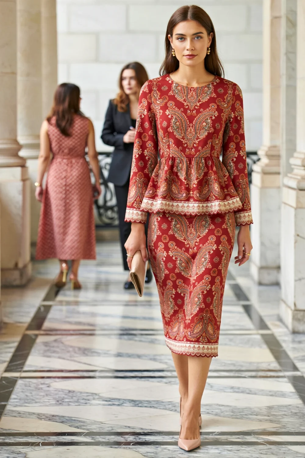 Scarlet paisley peplum set with fitted long-sleeve top, flared waist, and matching midi skirt in warm cream-gold border crepe print.