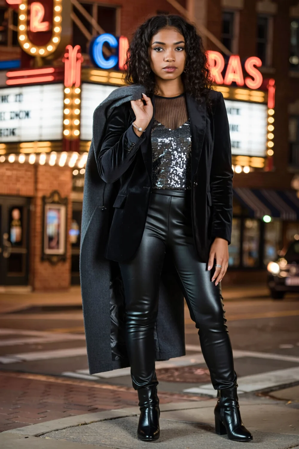 Woman in sequined top under velvet blazer, faux-leather pants and heeled ankle boots, wool coat draped over shoulder by marquee.