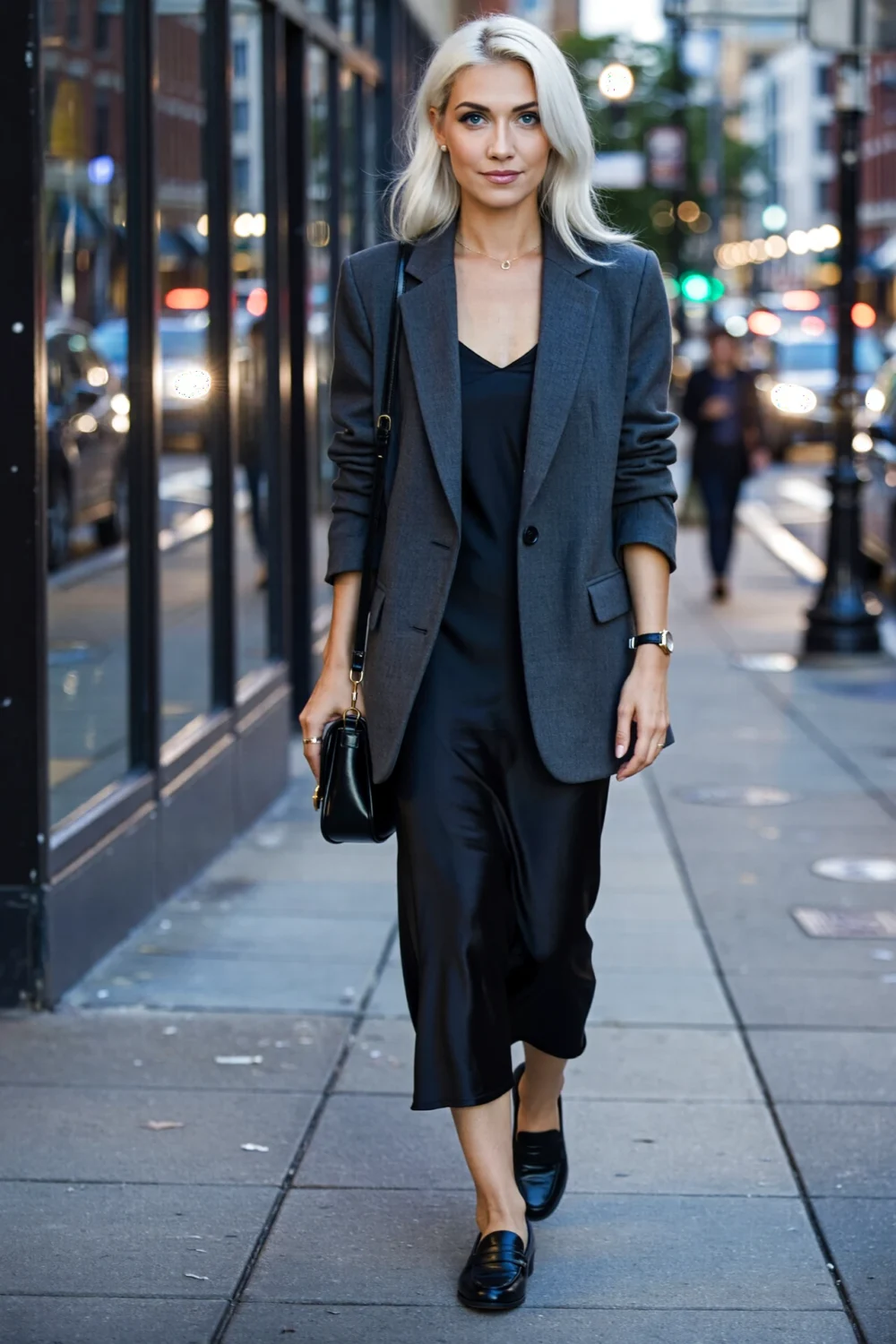 Blonde walking city street in a sharp oversized grey blazer over a black slip dress, with a small bag, transitional suiting outfit