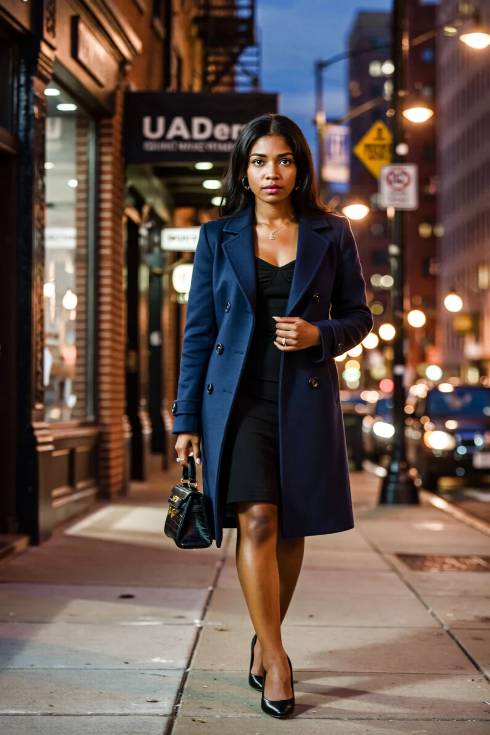 Woman in navy sharp peacoat with structured shoulders and neat buttons over a black dress, camera ready for cooler evenings out.