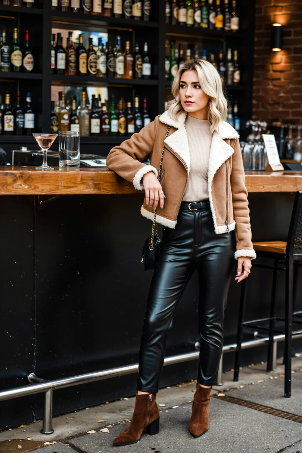 Cropped taupe shearling moto jacket over oatmeal mock-neck, vegan-leather pants and espresso suede ankle boots, chain crossbody.