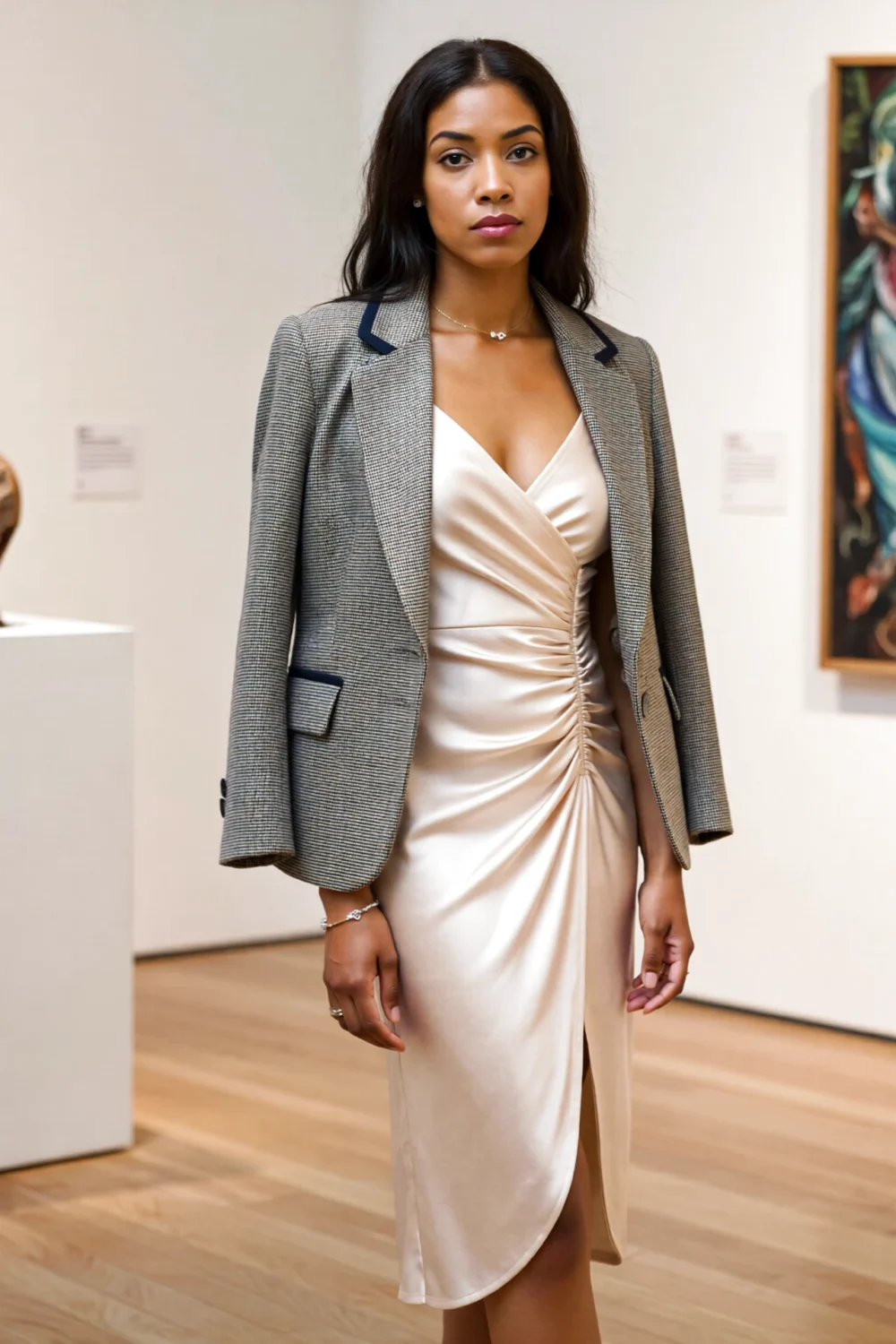 Model in a champagne satin sheath dress with ruched detail, layered under a boxy blazer for an editorial subtle spring formal look