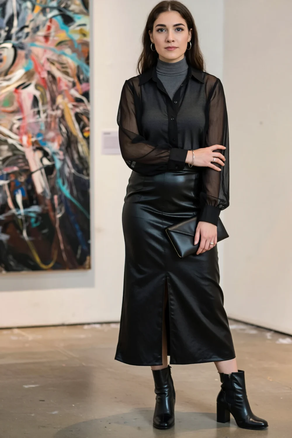 Woman at a gallery in a sheer black blouse over a gray turtleneck, leather midi skirt, block-heel boots and metallic accents.
