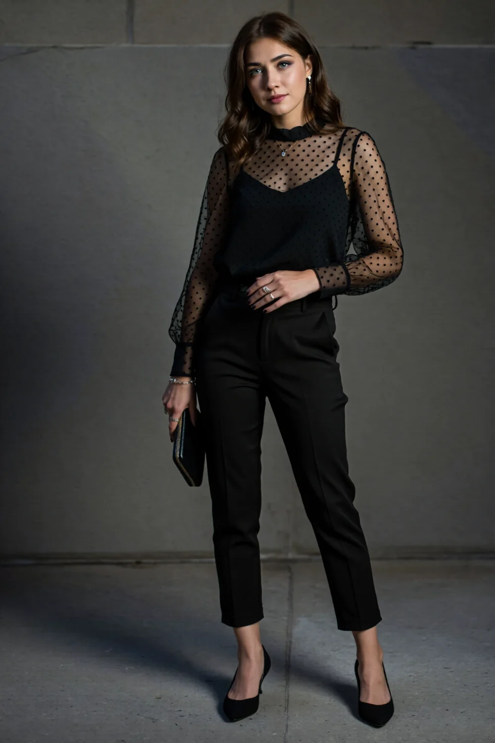 Woman in sheer black polka-dot blouse paired with black cigarette pants and slingback heels, minimal accessories, Parisian-chic.