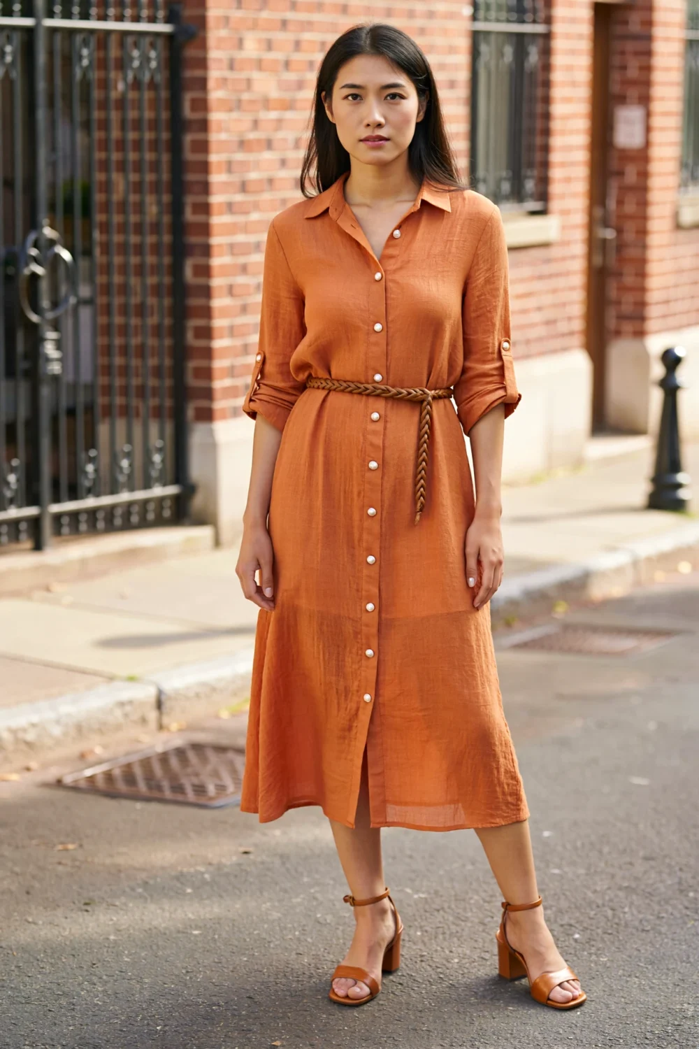 Orange shirt dress with braided belt and tan heeled sandals, styled with roll-tab sleeves for a polished, breezy warm-weather look