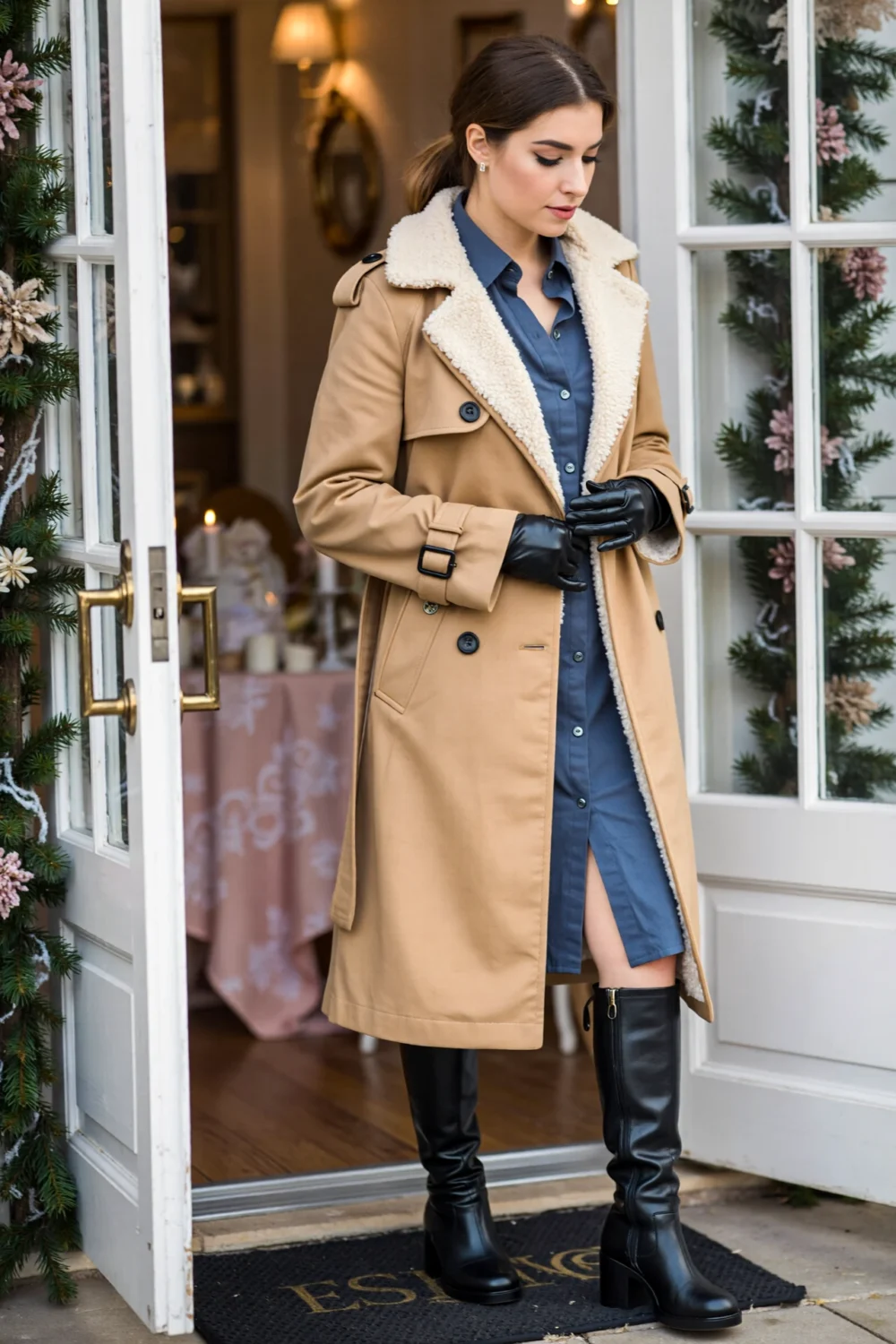 Woman in a blue cotton shirt dress layered over a thermal slip, belted fleece-lined tan trench coat and black knee boots at door