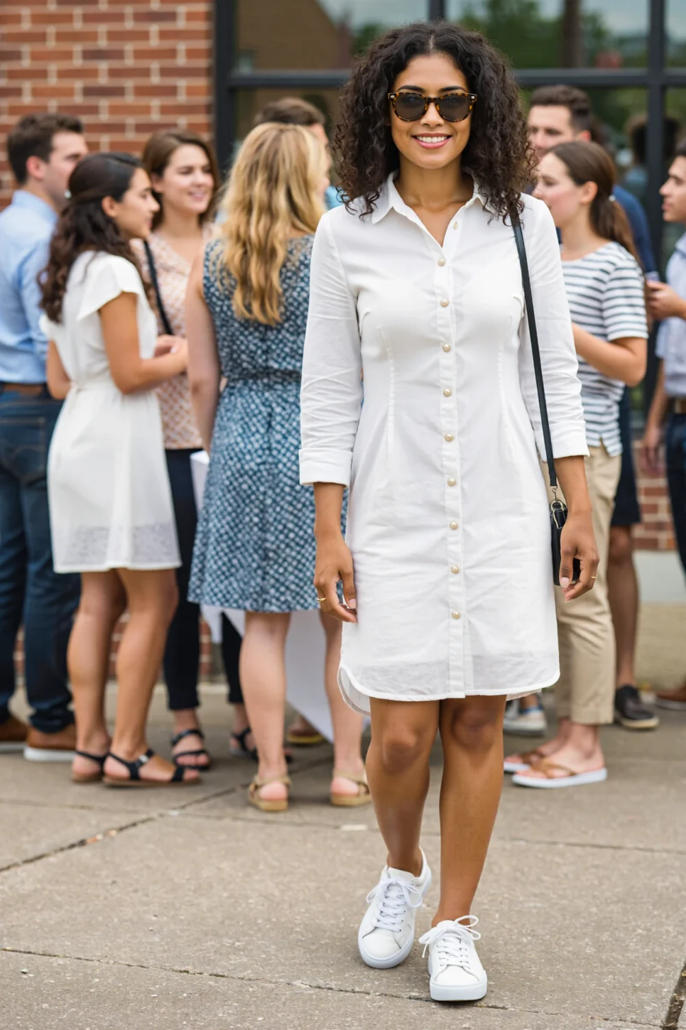 Woman in a crisp white shirtdress and clean sneakers, smiling at a casual family reunion with a practical, polished look