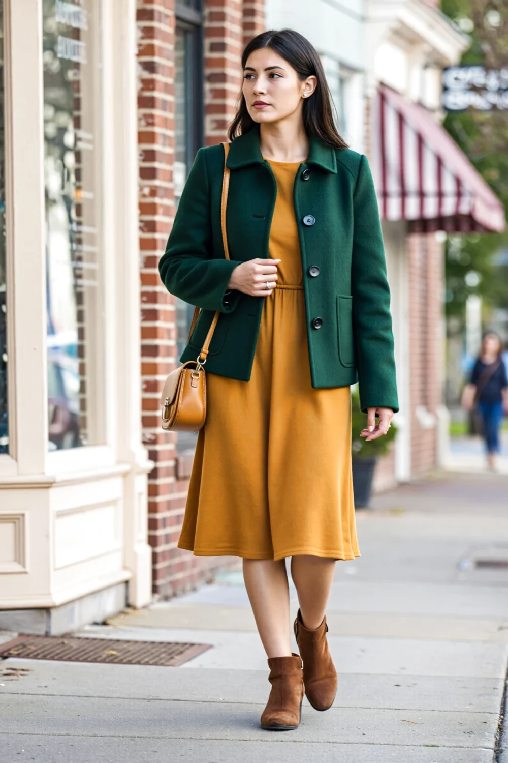 Woman walking in a green short peacoat over a mustard A-line day dress, hem just below hip for a playful, youthful silhouette.