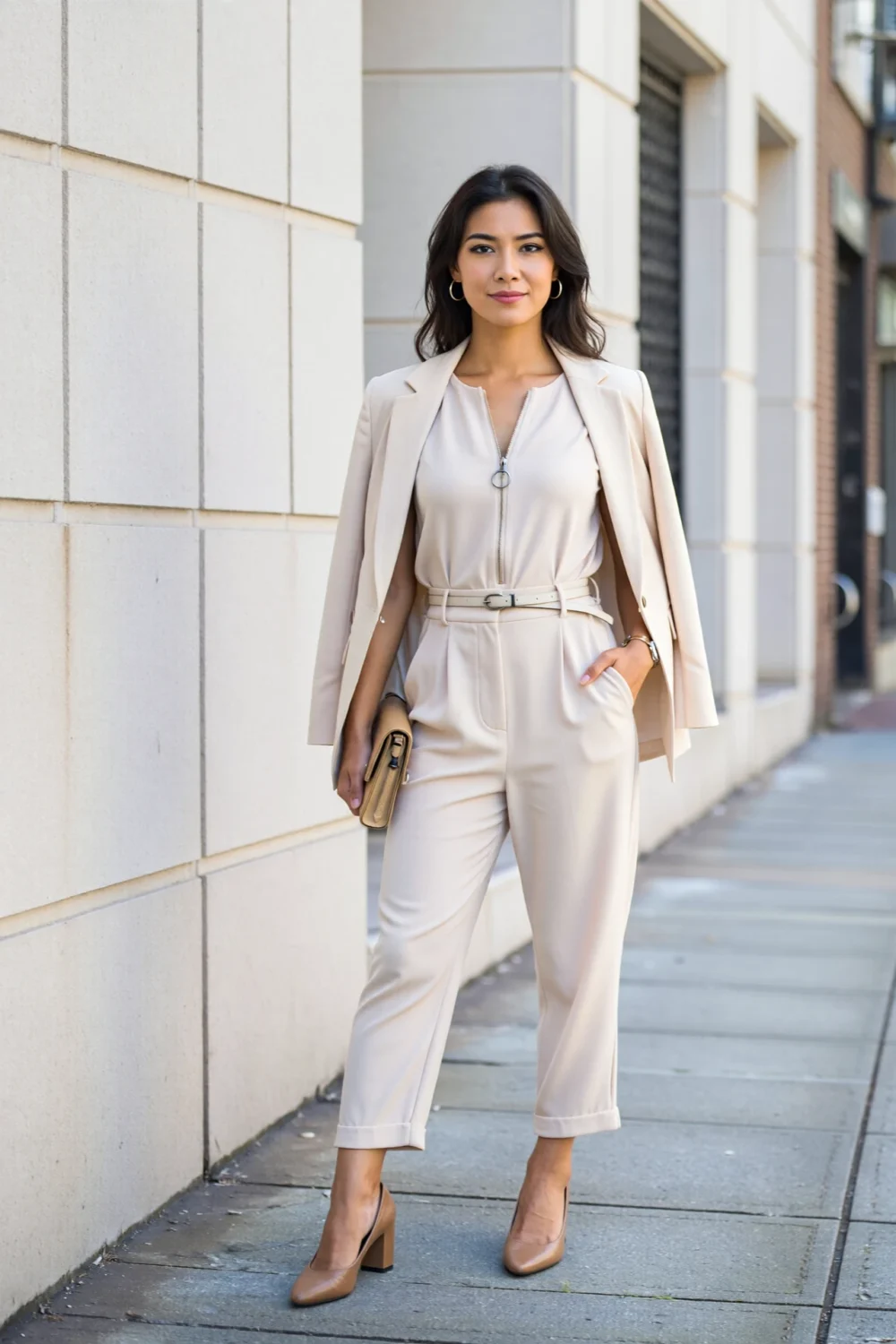 Beige drapey crepe jumpsuit with thin belt and unlined blazer, styled with block heels for polished interview-ready tailoring outdoors