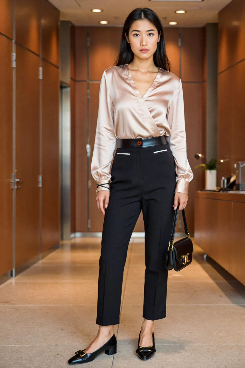 Silk blouse with high-waisted tailored trousers and pointed flats create a polished, elegant evening look in a warm hallway backdrop