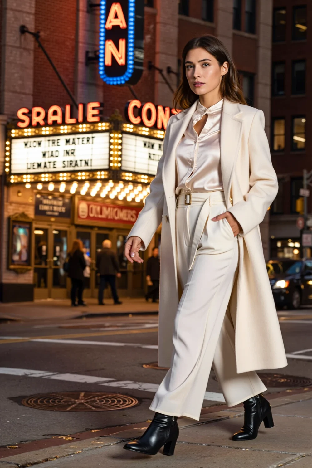 Elegant woman in silk blouse, wide-leg trousers, long tailored coat, and heeled ankle boots outside a glowing theater marquee at night