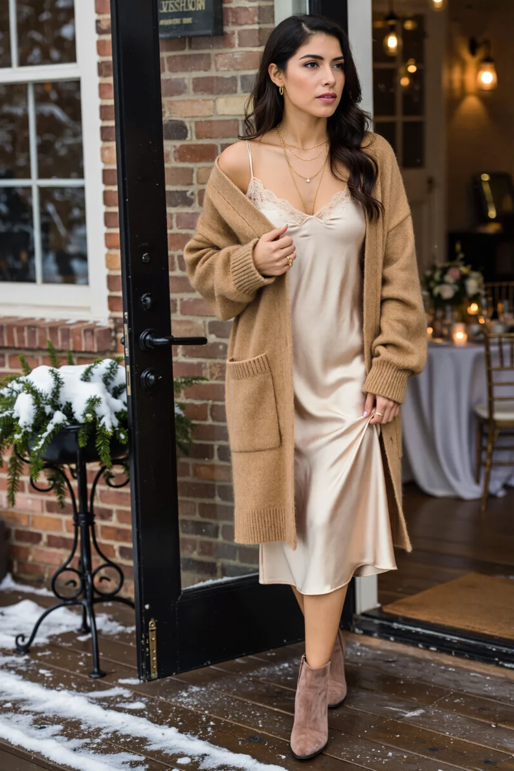 Woman stepping through a doorway in a cream silk slip dress and camel cashmere cardigan, layered necklaces and boots in snow now