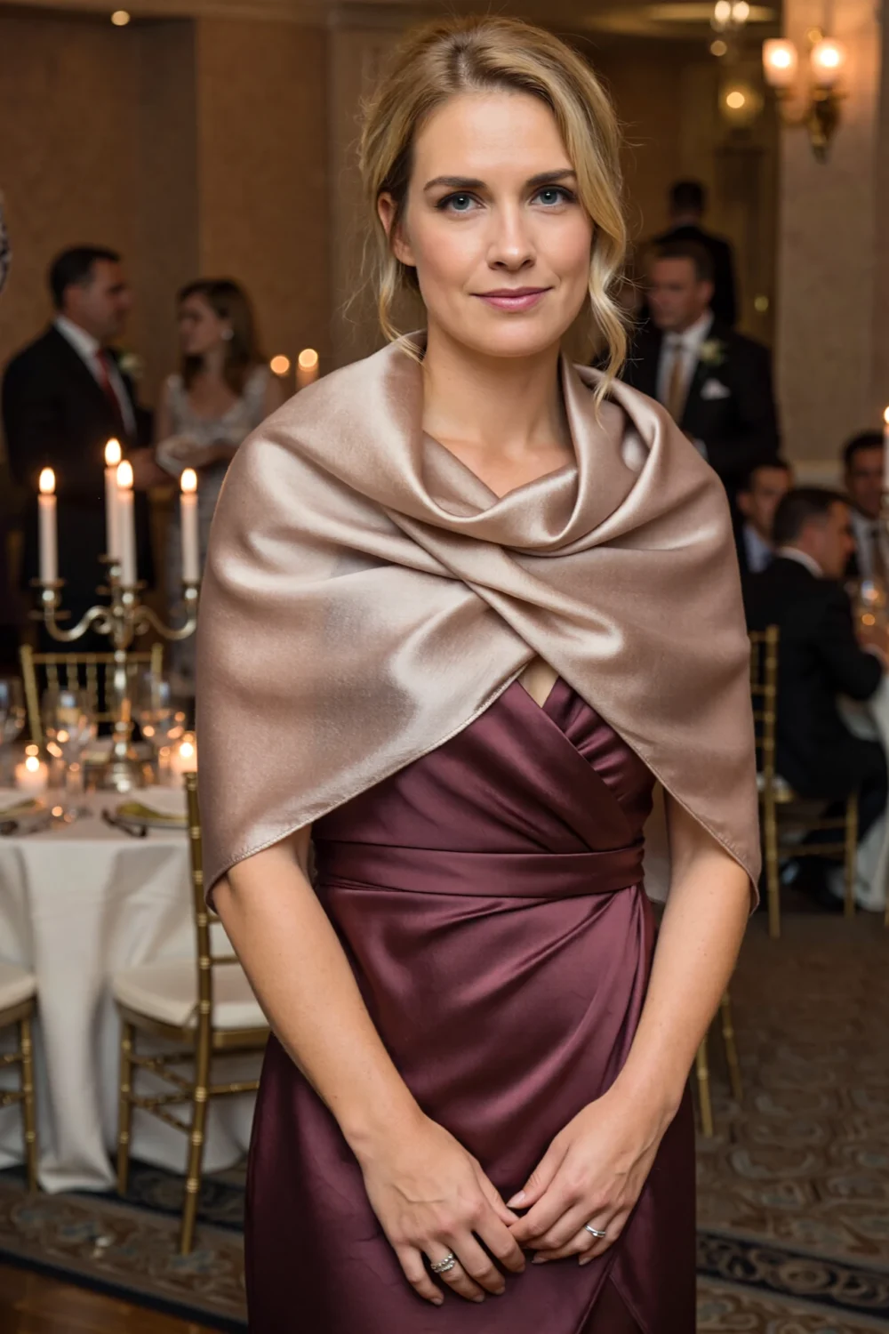 Woman at a formal reception wearing a packable silk pashmina wrap with subtle sheen over a delicate burgundy dress, soft coverage.
