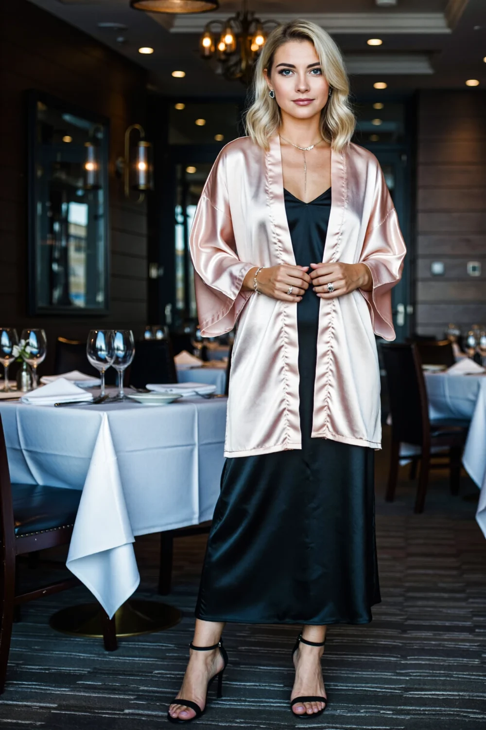 Model wearing a pale pink satin kimono over a black slip dress, lightweight and skimming the silhouette for a chic dinner reception