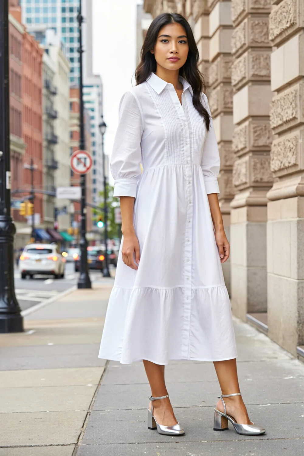 Woman in a white poplin midi dress wearing silver block heels on a city sidewalk, creating polished daytime sparkle and comfort