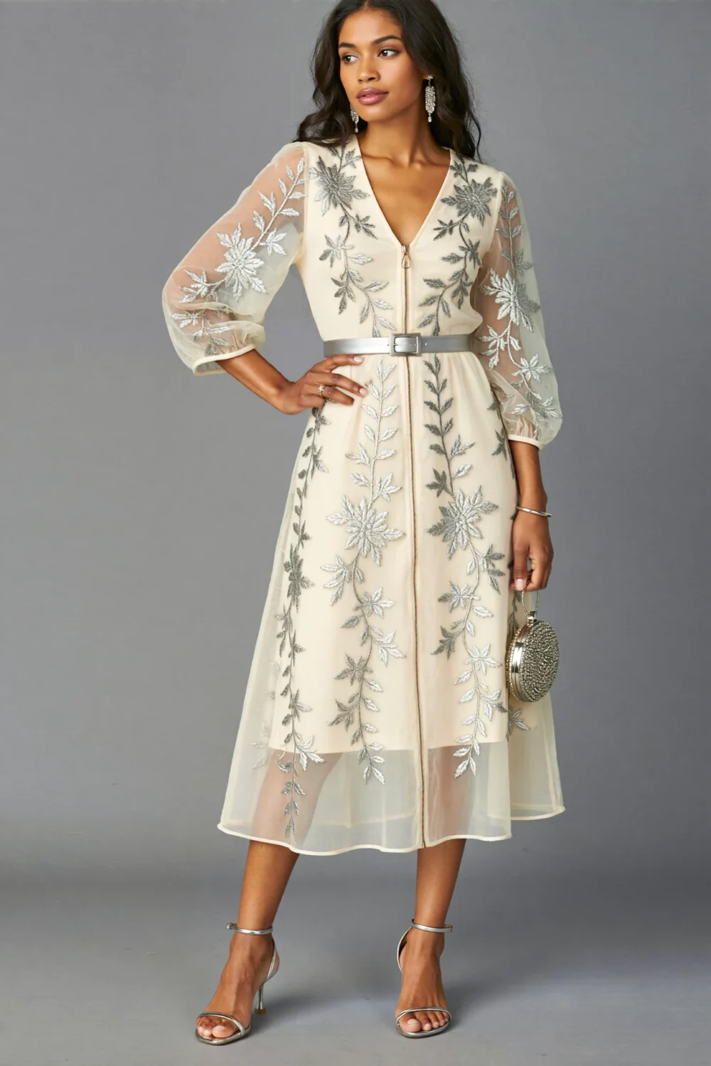 Ivory midi dress with pewter floral embroidery, sheer sleeves, belted waist and A-line skirt styled with silver accessories, church-ready elegant