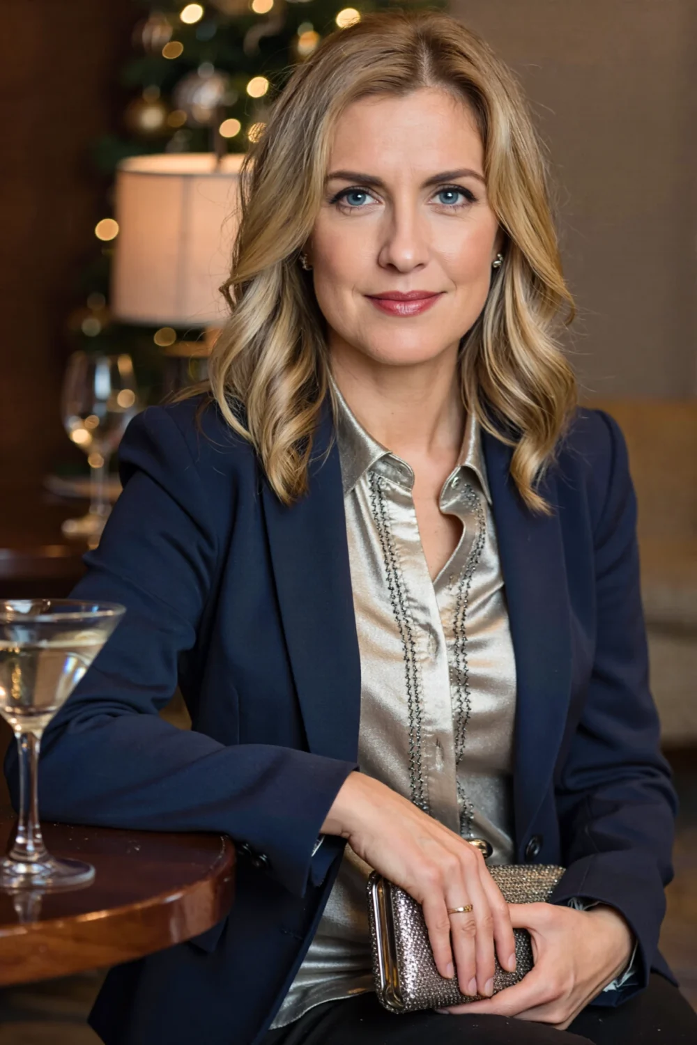 Professional woman in a navy blazer wearing a silver-threaded blouse and holding a glitter clutch at an office holiday party.