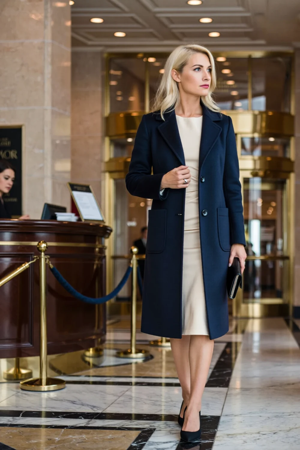 Elegant woman in navy single-breasted coat over beige sheath, narrow lapels, mid-calf length, holding black clutch in hotel lobby