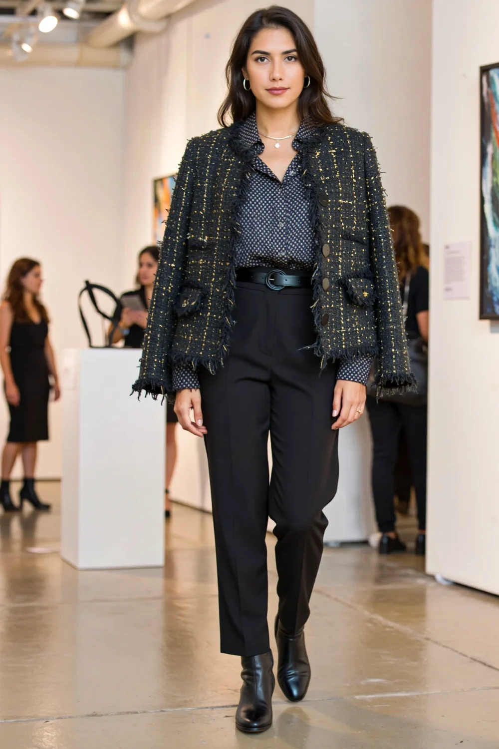 Woman in a textured statement blazer over clean basics, black trousers and boots, creating a polished creative office look