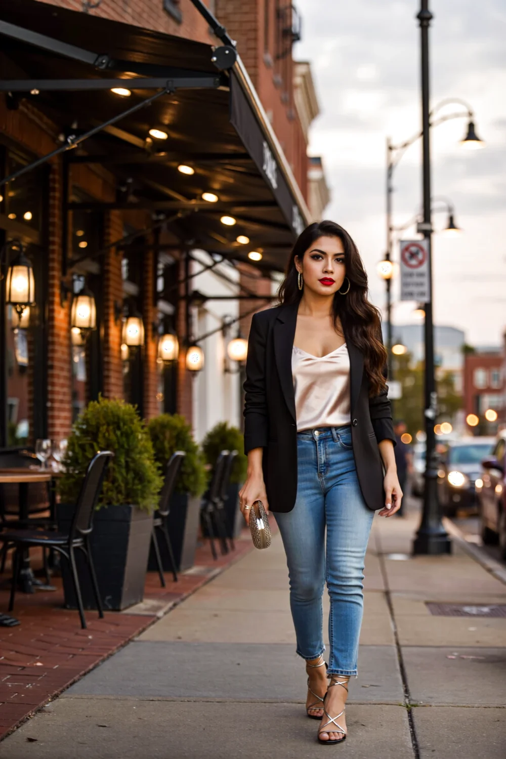 Woman in black blazer, silky camisole and light-blue skinny jeans on sidewalk in metallic heels with mini clutch and bold red lip