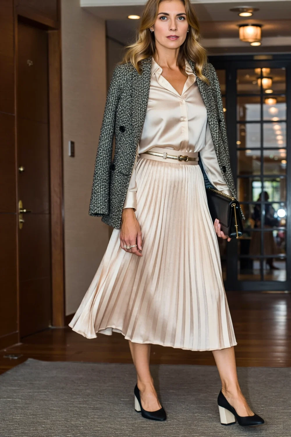 Woman in a tucked silk blouse and pleated midi skirt with slim belt, tweed blazer draped over shoulders, black block heels, ready.