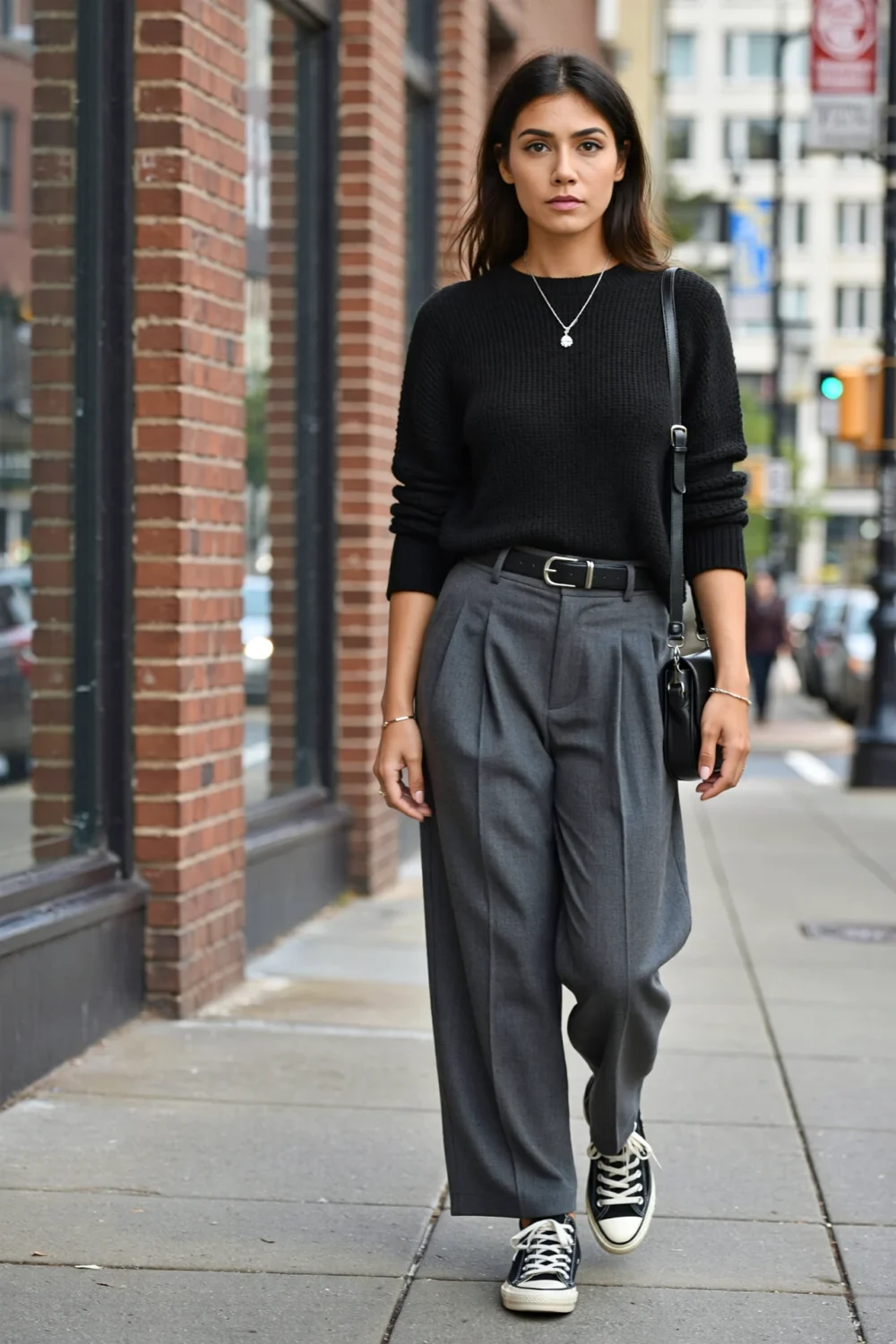 Black knit tucked into slate-grey pleated trousers with canvas sneakers, silver jewelry, and a sleek crossbody on a city sidewalk.