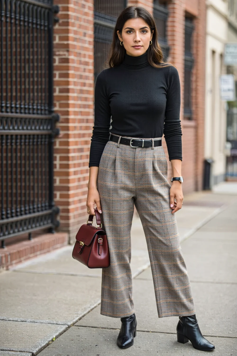 Woman in black turtleneck and glen-check trousers, styled with oxblood mini tote and ankle boots for sleek tailored streetwear look
