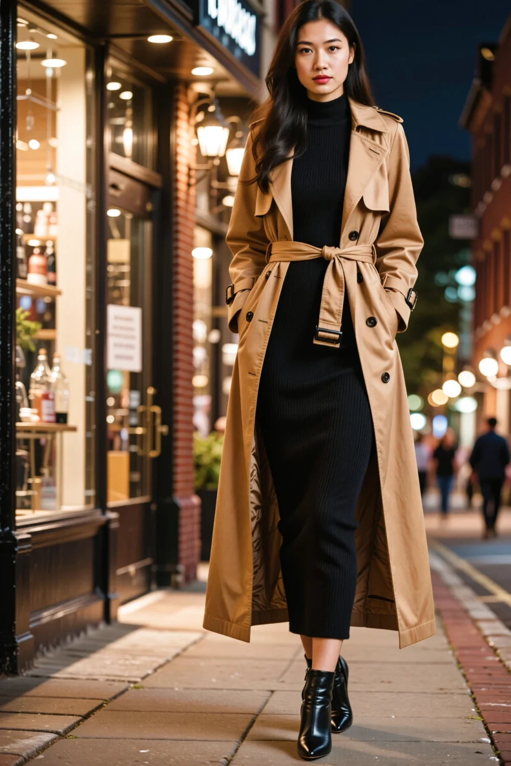 Model walks an evening city street in tailored camel trench over a sleek black knit dress, exuding a refined date-night silhouette