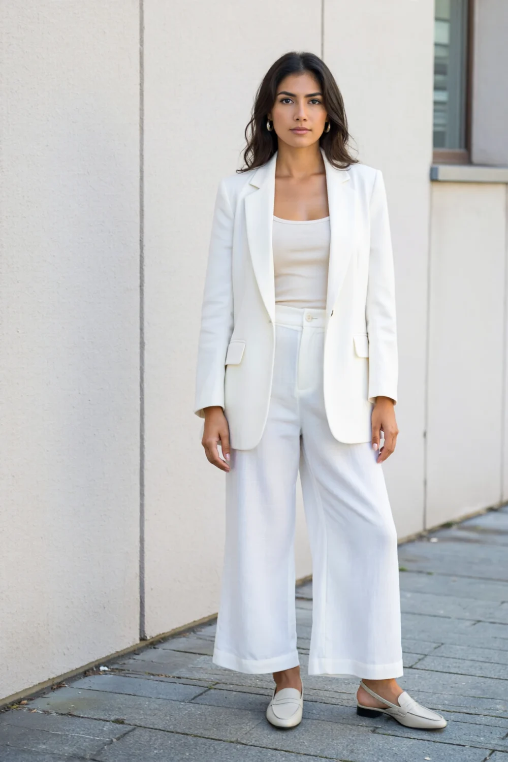 Woman in white blazer and wide-leg trousers paired with sleek loafers for a modern tailored look with relaxed, polished lines