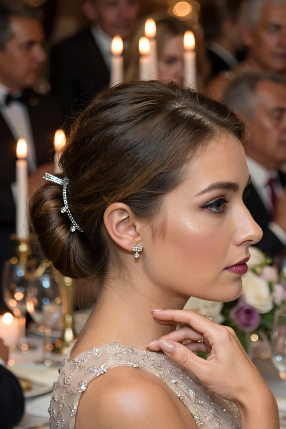 Bridal low updo with soft face-framing waves and jeweled hairpin, candlelit rustic table behind, light-hold spray tames flyaways.