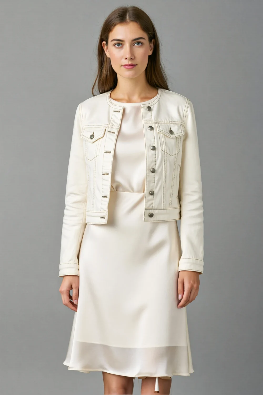 Cream shift dress with cropped jacket, modest neckline, and clean silhouette for a crisp, modern church outfit look