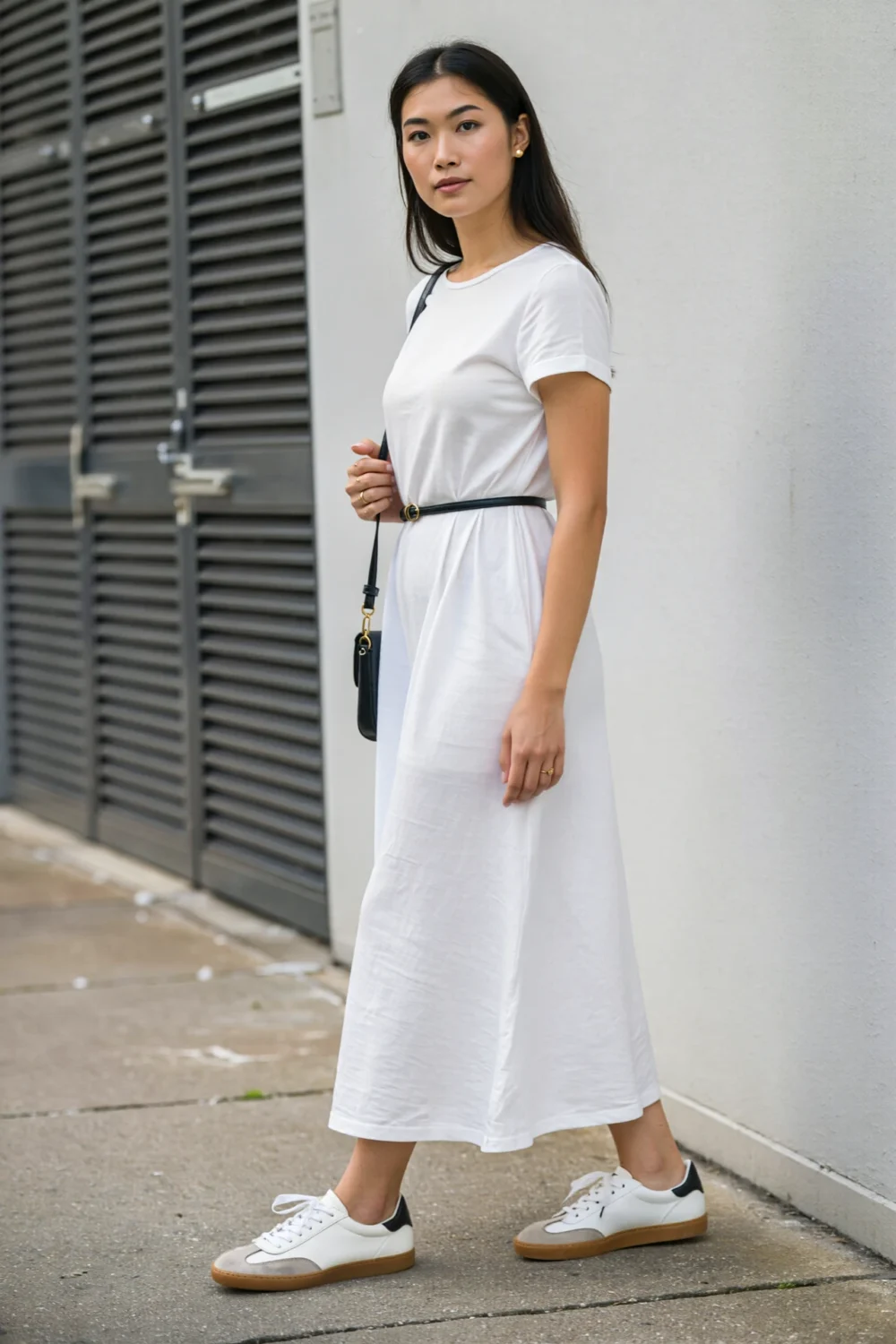 Woman in white cotton dress styled with sleek sneakers, thin black belt, and crossbody phone holder for a chic casual look