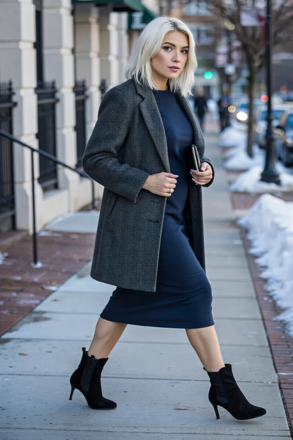 Blonde woman in a navy midi dress and gray coat walks a city sidewalk wearing sleek black sock boots with slim stiletto heels.