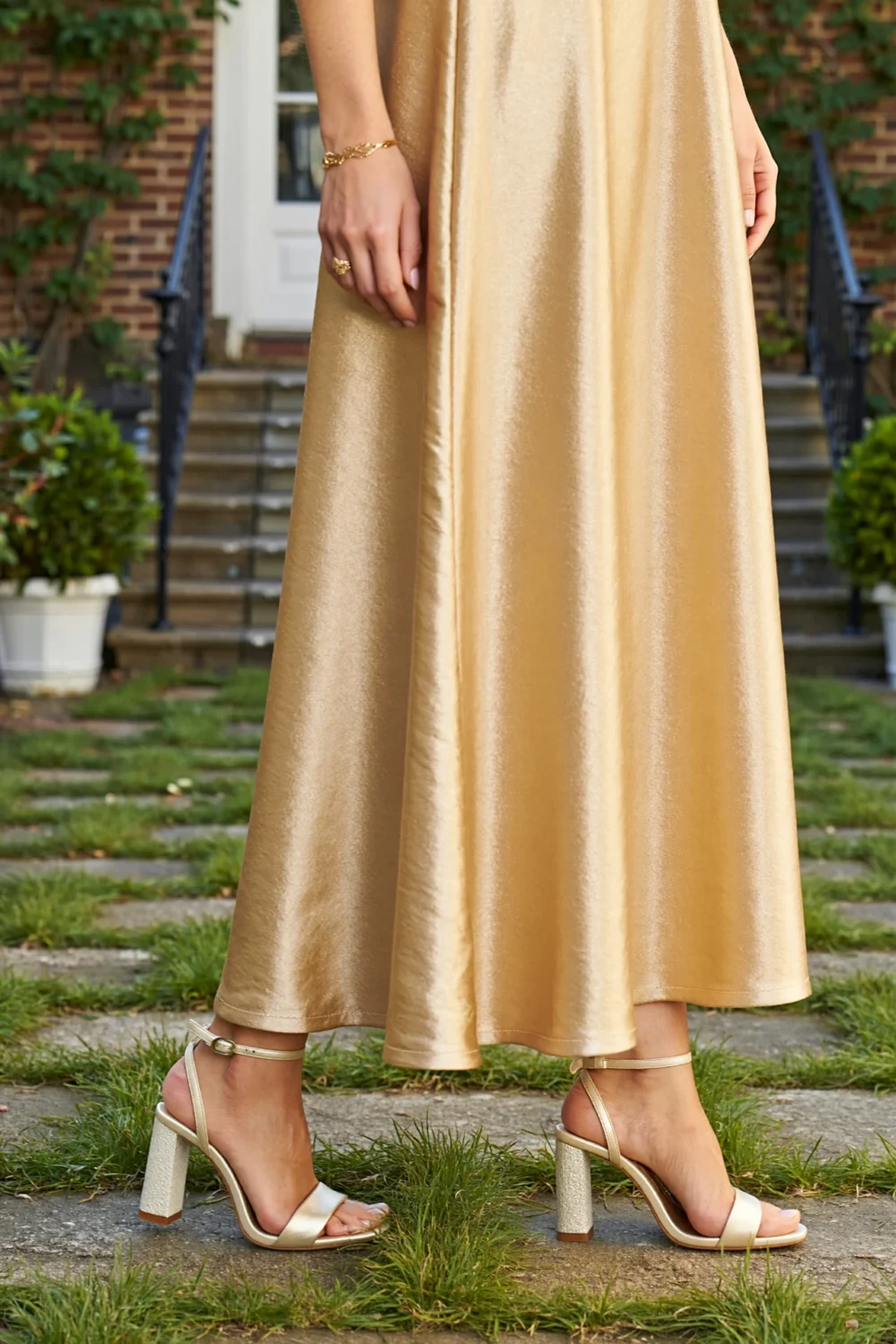 Gold maxi dress paired with metallic slim block heel sandals for outdoor garden events on grass and stone paths