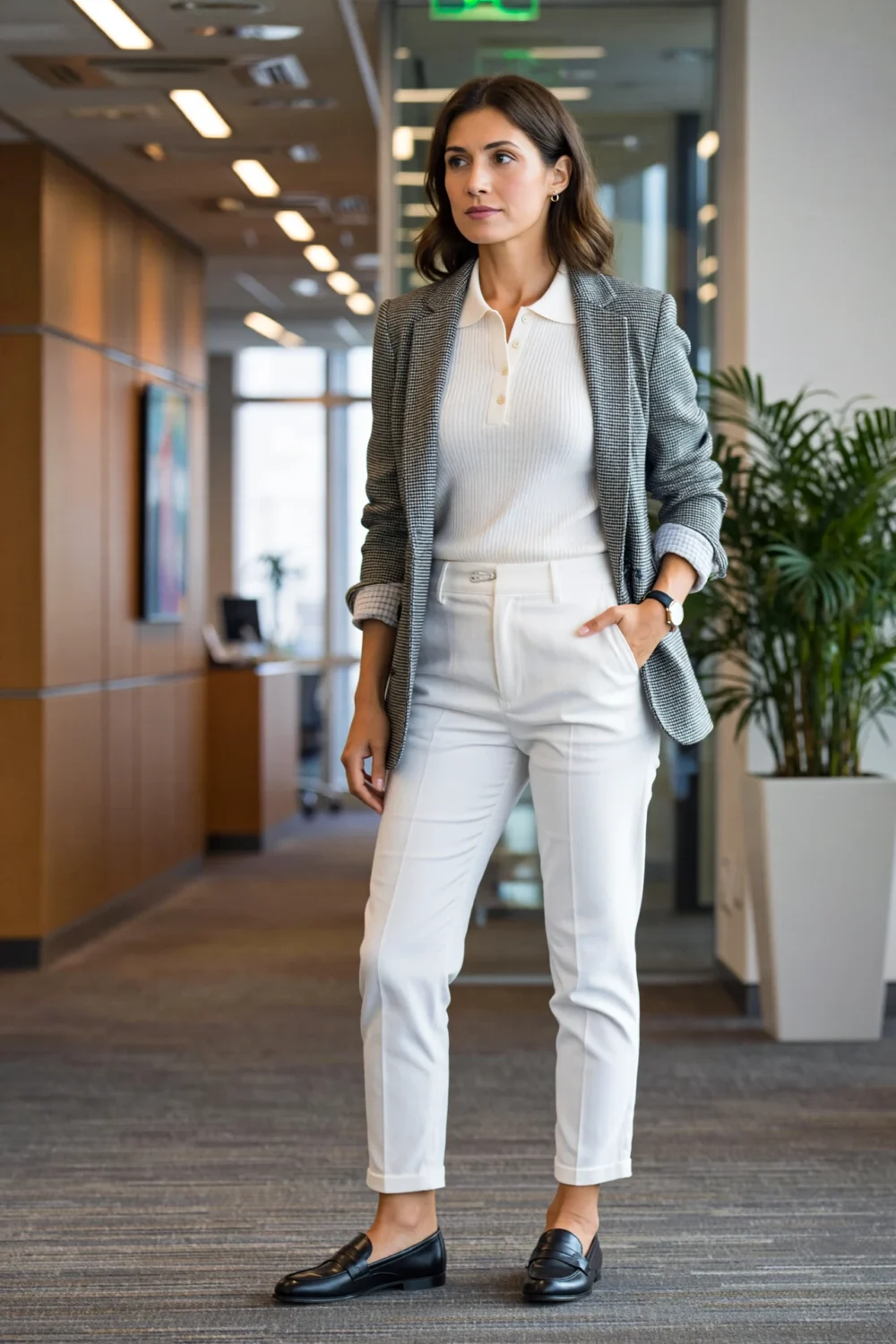 Smart-casual interview outfit with slim white chinos, a fine-knit polo, gray knit blazer, and polished black loafers in office hallway